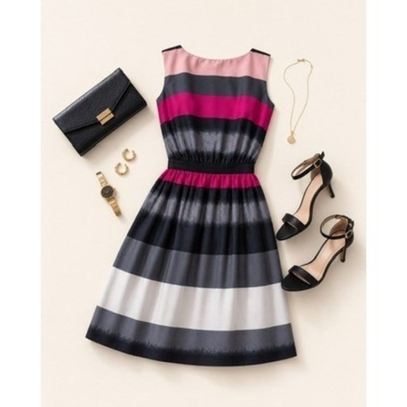LOFT Dresses & Skirts - LOFT Petites Pink Grey Striped Sleeveless Fit and Flare Dress Size Small Petite